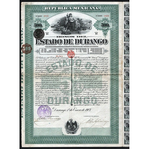 Bonos del Estado de Durango 1907 Mexico Bond Certificate