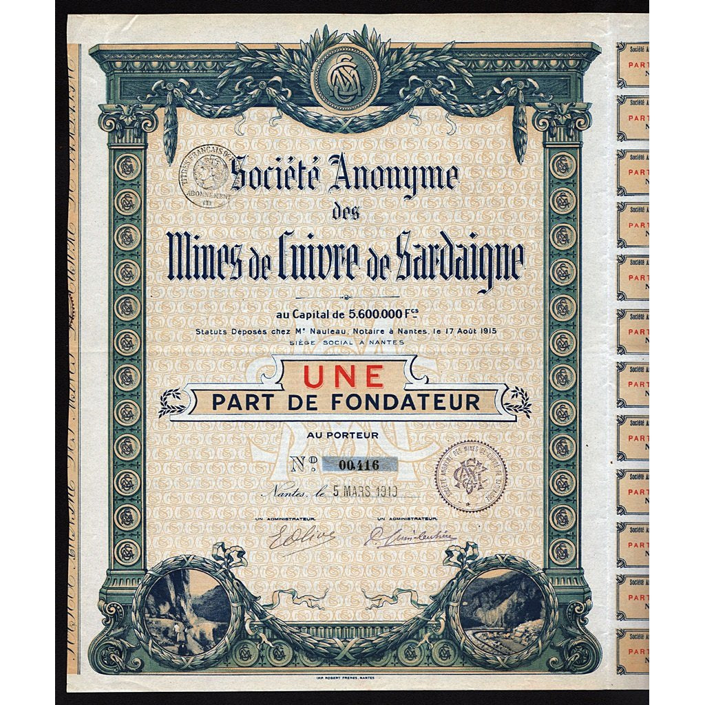 Mines de Cuivre de Sardaigne 1919 Sardinia Italy Mining Stock Certificate
