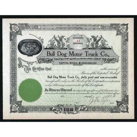 Bull Dog Motor Truck Co. South Dakota Stock Certificate