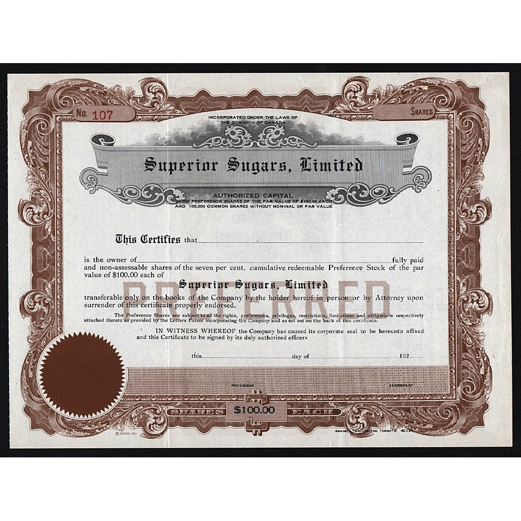 Superior Sugars, Inc. 1920s Canada Stock Certificate