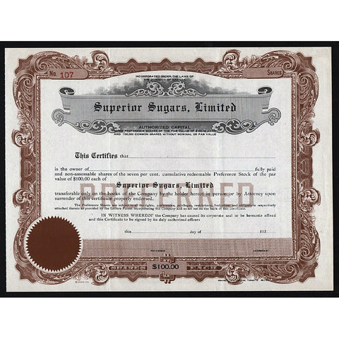 Superior Sugars, Inc. 1920s Canada Stock Certificate