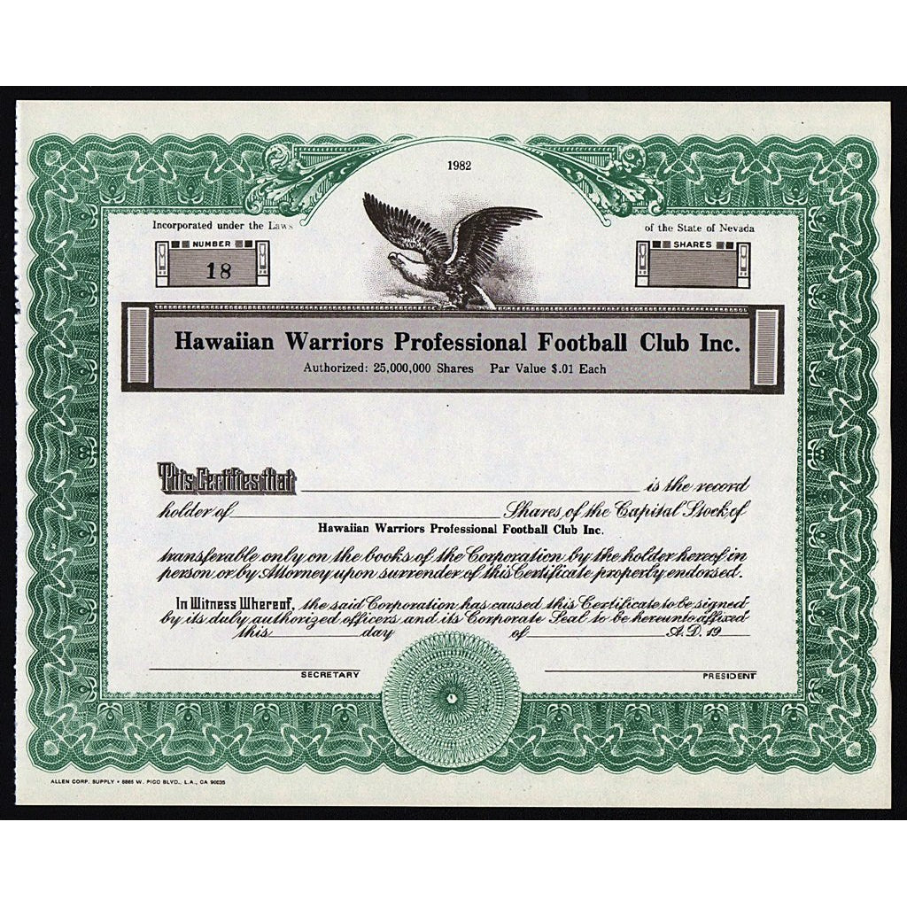 Hawaiian Warriors Professional Football Club Inc. Stock Certificate