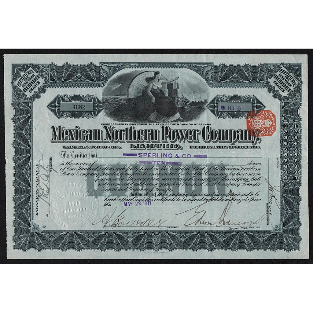 Mexican Northern Power Company 1911 Canada Stock Certificate
