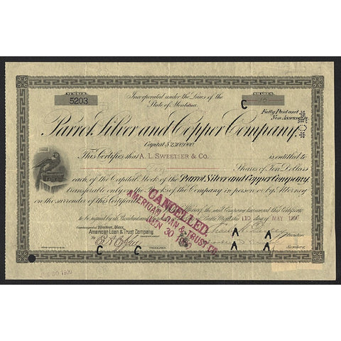 Parrot Silver and Copper Company 1899 Montana Stock Certificate