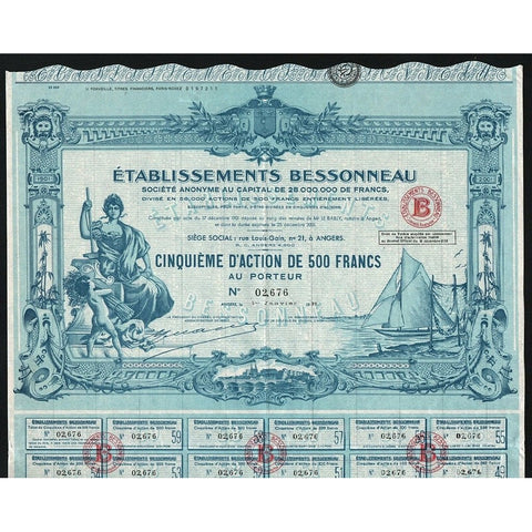 Etablissements Bessonneau 1939 Angers France Stock Certificate
