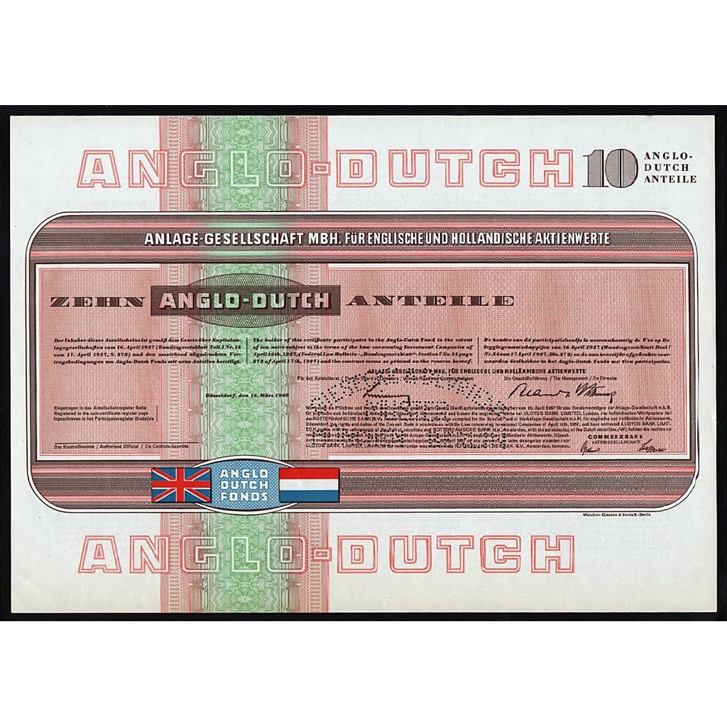 Anglo-Dutch Anlage Gesellschaft MBH für Englische und Holländische Aktienwerte Muster Specimen Stock Bond Certificate