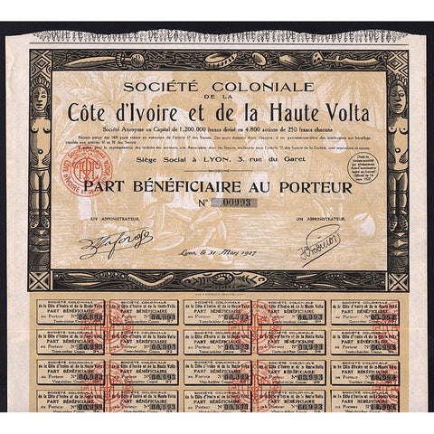 Societe Coloniale de la Cote d’Ivoire et de la Haute Volta 1927 Ivory Coast Stock Certificate