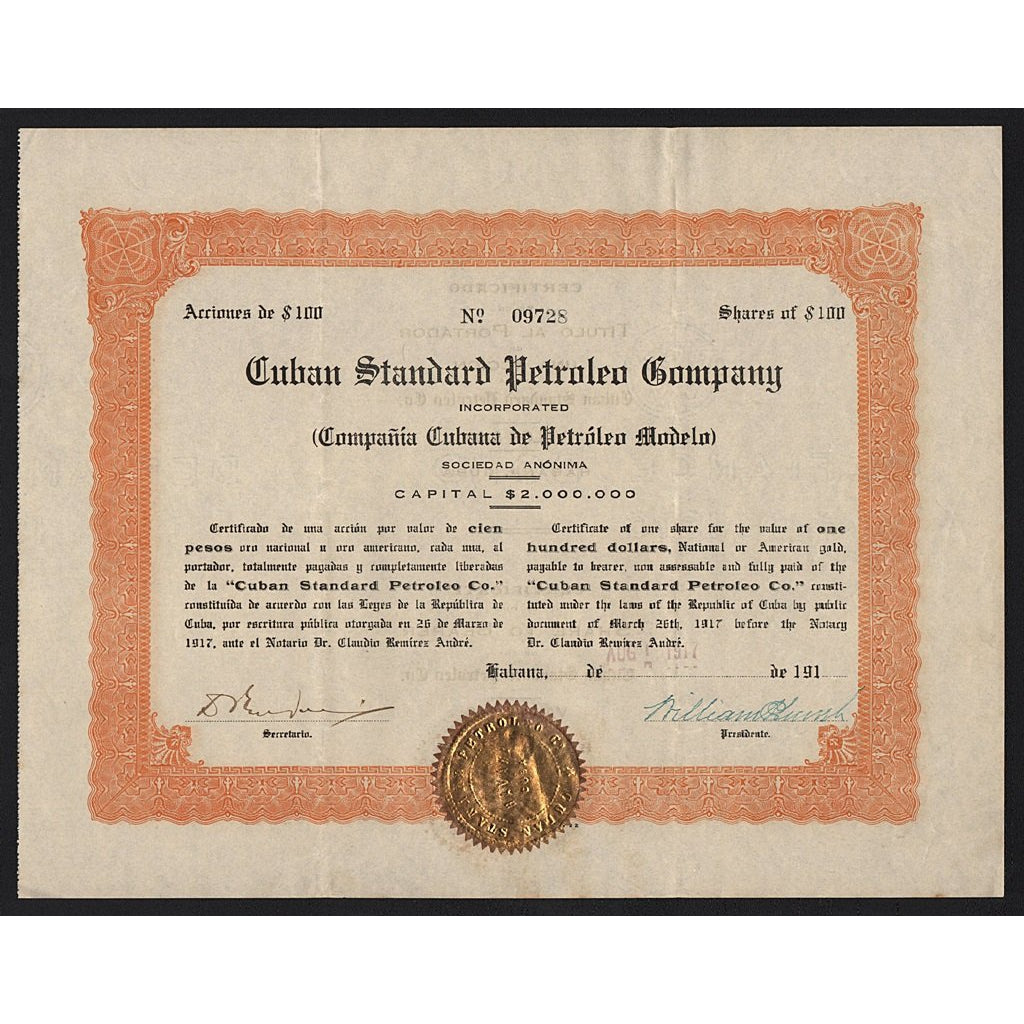 Cuban Standard Petroleo Company Incorporated 1917 Havana Cuba Stock Certificate
