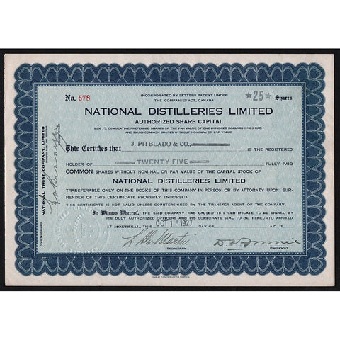 National Distilleries Limited Canada Stock Certificate