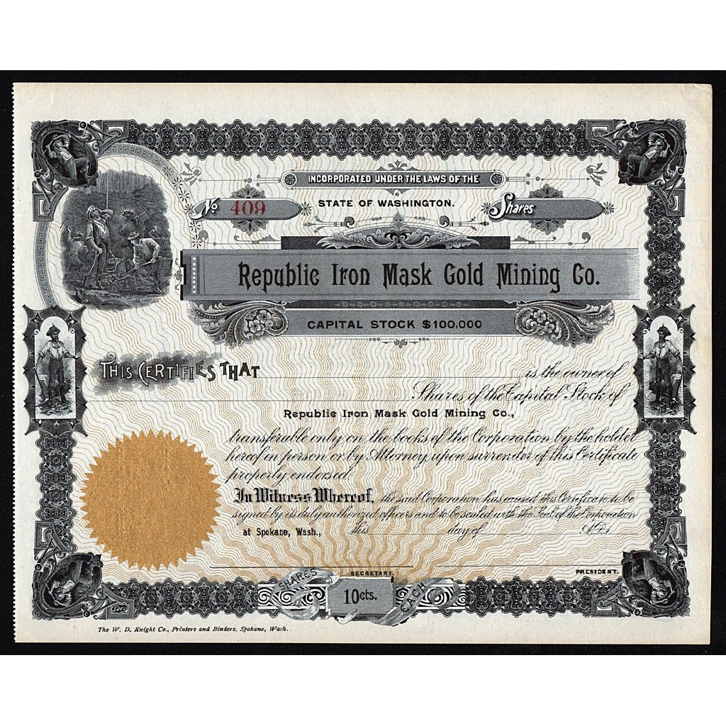 Republic Iron Mask Gold Mining Co. Washington Stock Certificate