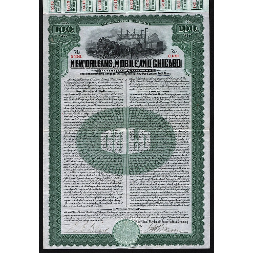 New Orleans, Mobile and Chicago Railroad Company 1909 Bond Certificate
