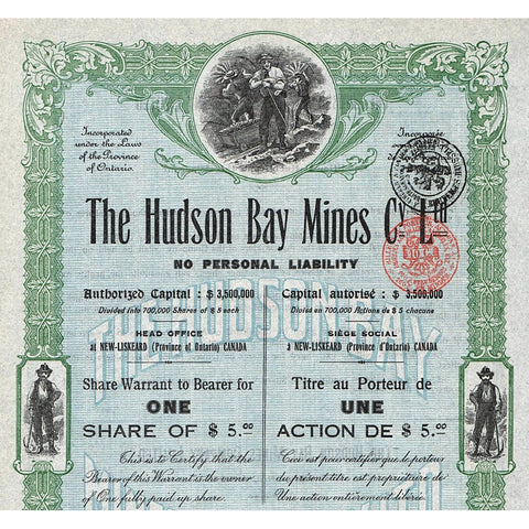 The Hudson Bay Mines 1911 New Liskeard Canada Stock Certificate