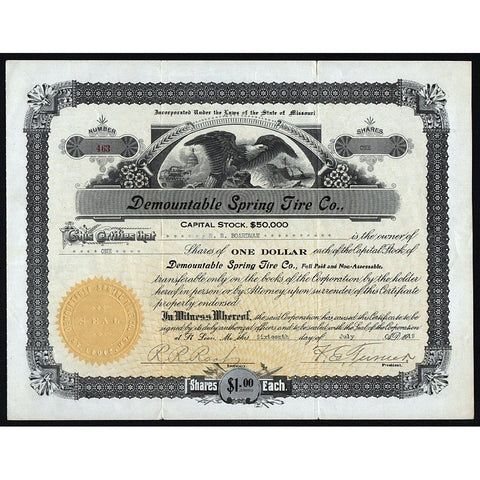 Demountable Spring Tire Co. Missouri Stock Certificate