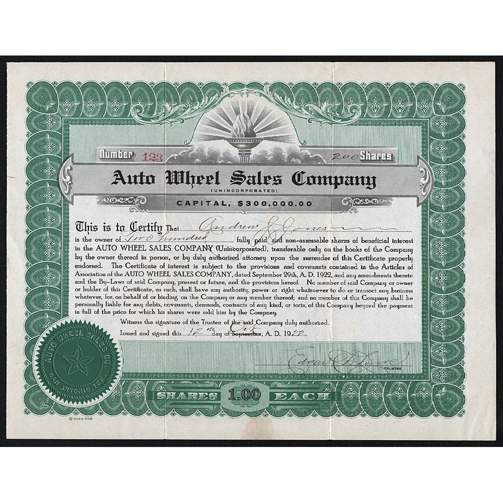 Auto Wheel Sales Company San Antonio, Texas Stock Certificate