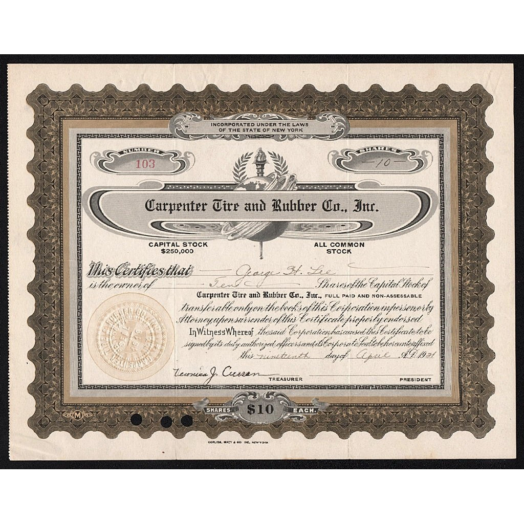 Carpenter Tire and Rubber Co., Inc. New York Stock Certificate