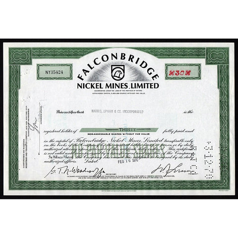 Falconbridge Nickel Mines, Limited Ontario Canada Stock Certificate
