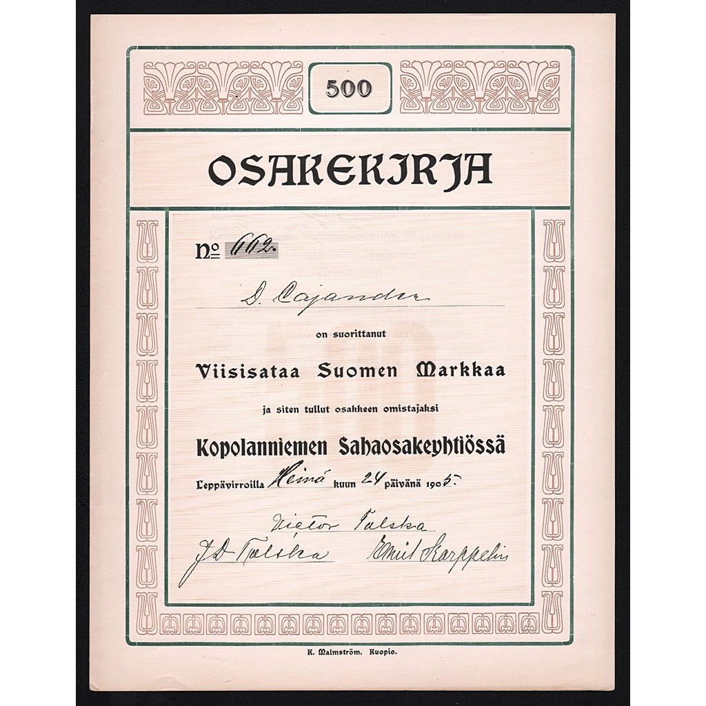 Osakekjrja Kopolanniemen Sahaosakeyhitössä Finland Stock Certificate