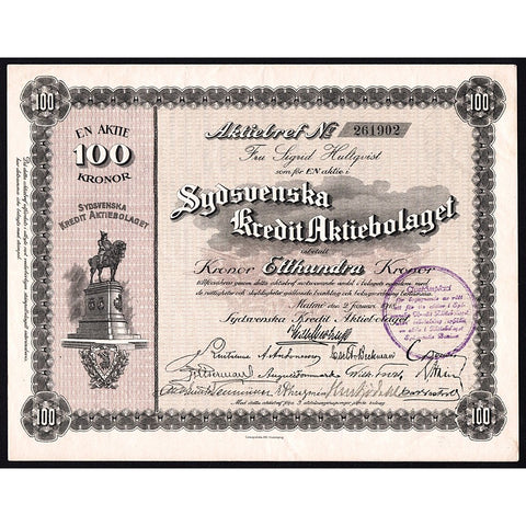 Sydsvenska Kredit Aktiebolaget 1918 Malmö Sweden Stock Certificate