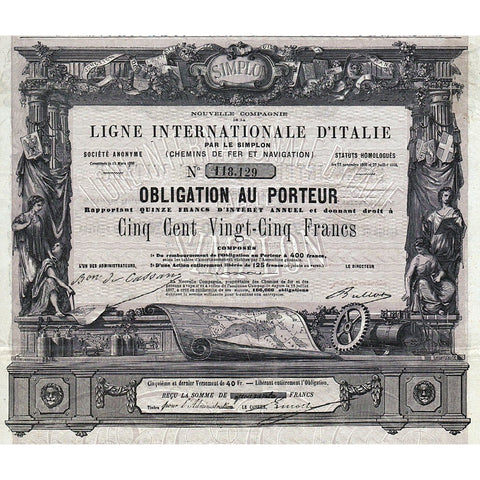 Nouvelle Compagnie de la Ligne d'Italie par le Simplon 1868 Stock Certificate