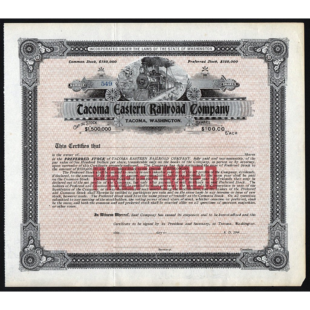 Tacoma Eastern Railroad Company (Tacoma, Washington) Stock Certificate