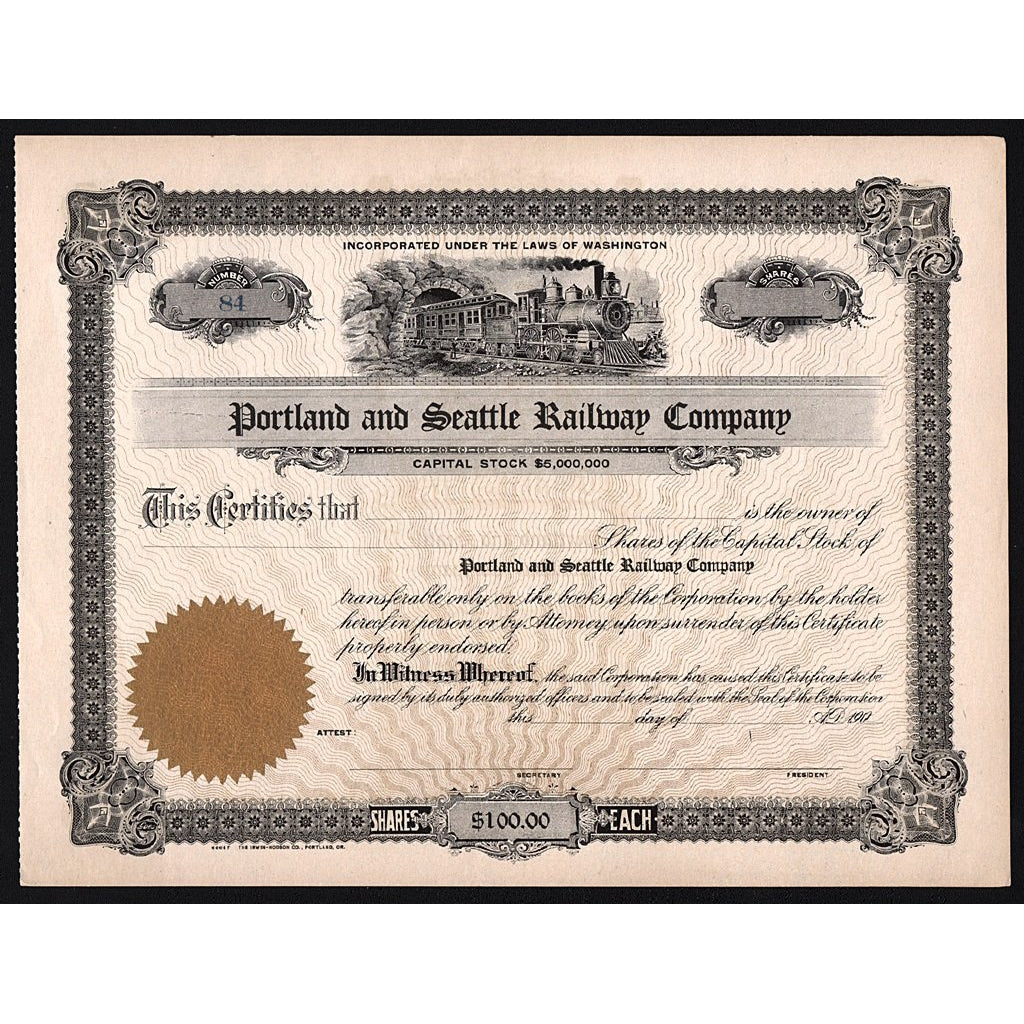 Portland and Seattle Railway Company Washington Stock Certificate