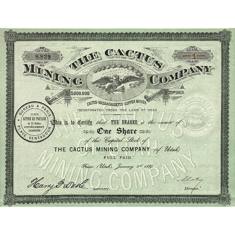 The Cactus Mining Company 1889 Frisco Utah Stock Certificate