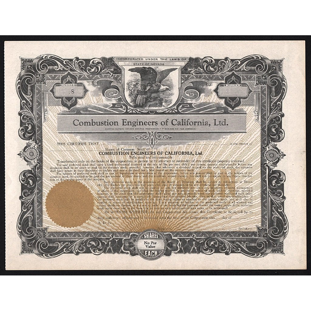 Combustion Engineers of California, Ltd. Stock Certificate