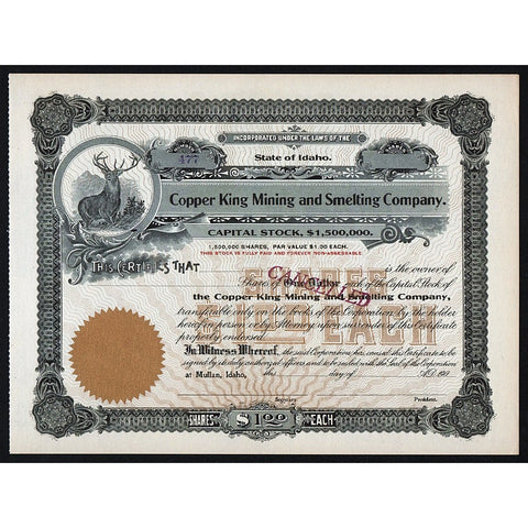 Copper King Mining and Smelting Company Mullan Idaho Stock Certificate