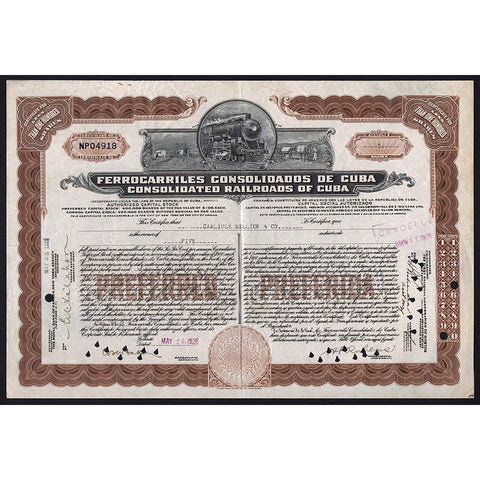 Ferrocarriles Consolidados de Cuba - Consolidated Railroads of Cuba 1928 Stock Certificate