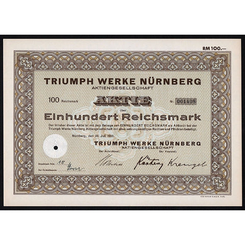 Triumph Werke Nürnberg 1933 Germany Automobiles Stock Certificate