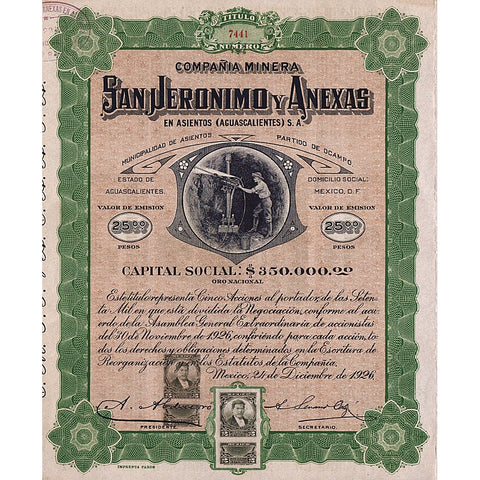 Compania Minera San Jeronimo y Anexas, En Asientos (Aguascalientes) S.A. 1926 Mexico Stock Certificate