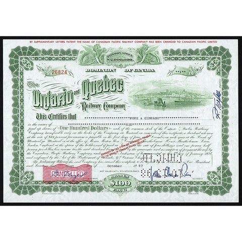 The Ontario and Quebec Railway Company Canada Stock Certificate