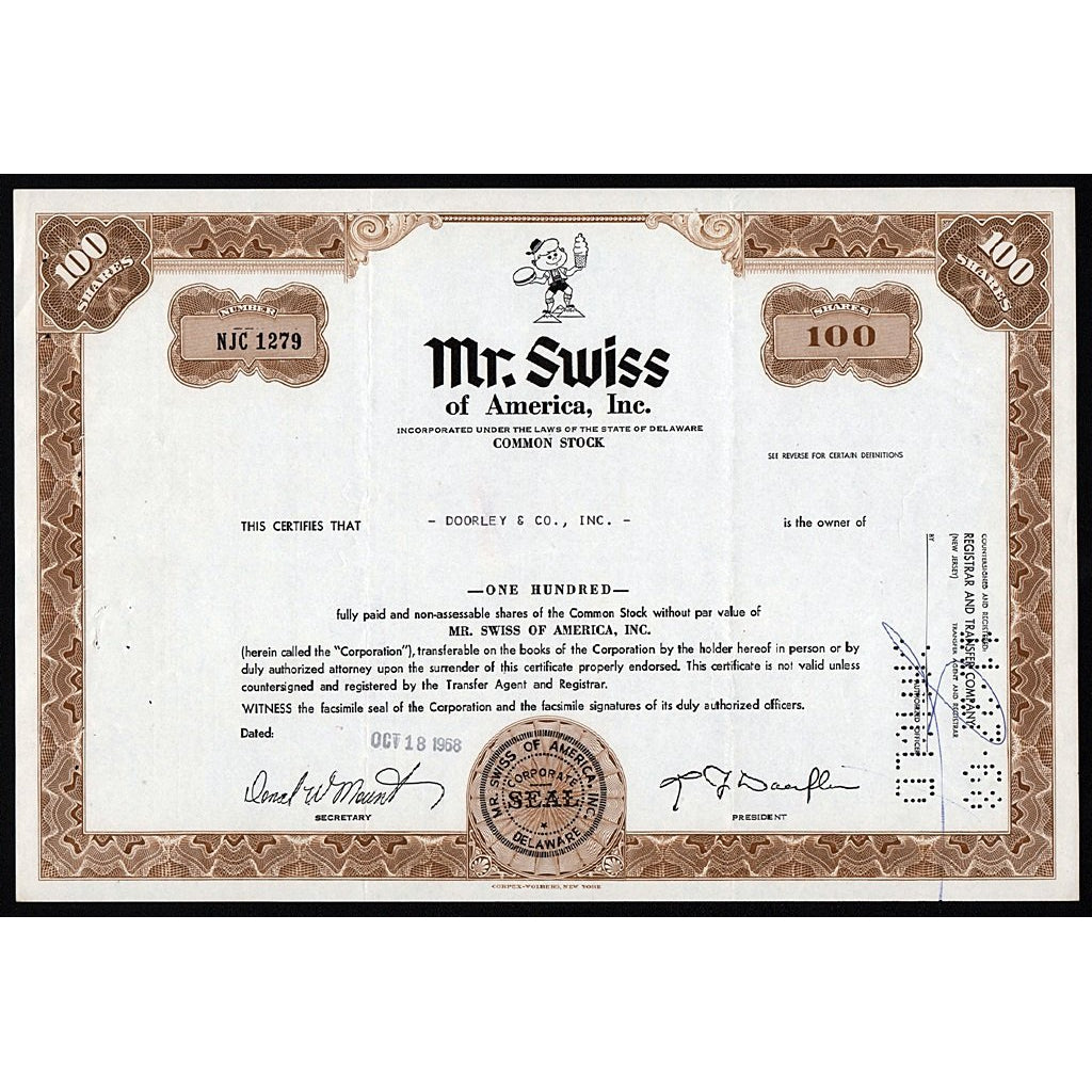 Mr. Swiss of America, Inc. Stock Certificate