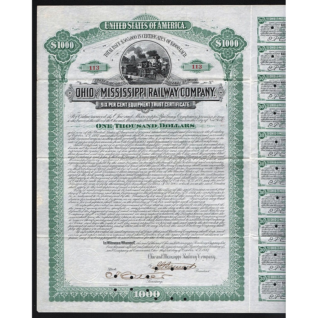 Ohio and Mississippi Railway Company 1887 Bond Certificate