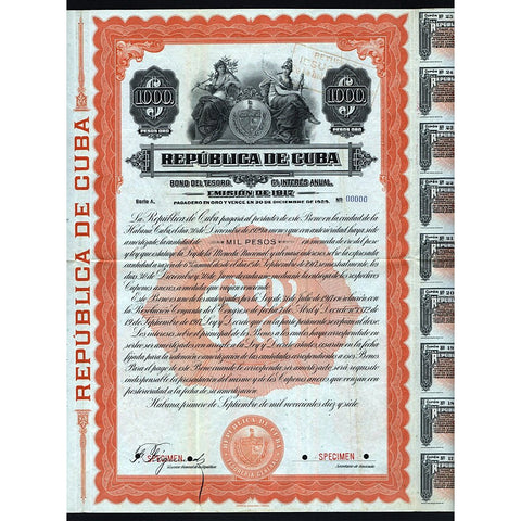 Republica de Cuba - $1000 Gold Pesos 1917 Cuba Bond Certificate Specimen Republic of Cuba