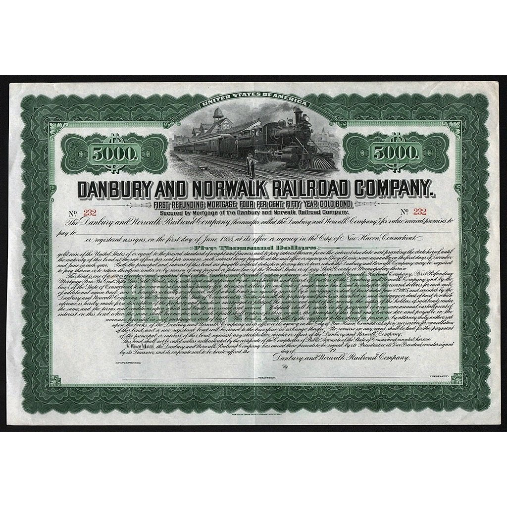 Danbury and Norwalk Railroad Company Gold Bond Certificate