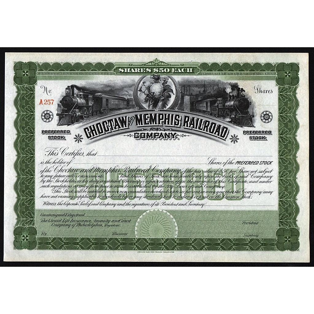 Choctaw and Memphis Railroad Company Stock Certificate