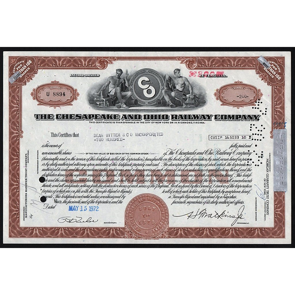 The Chesapeake and Ohio Railway Company Virginia Stock Certificate