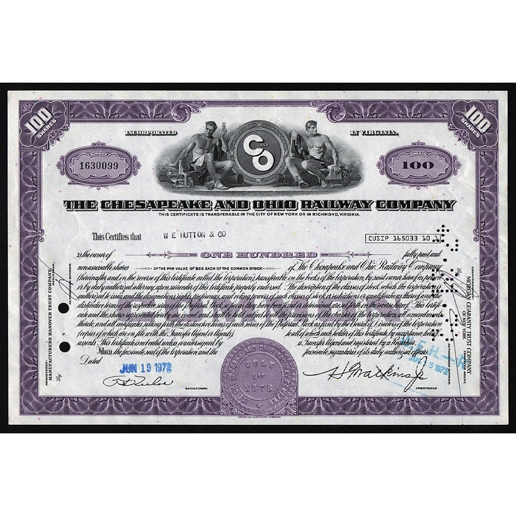 The Chesapeake and Ohio Railway Company Virginia Stock Certificate