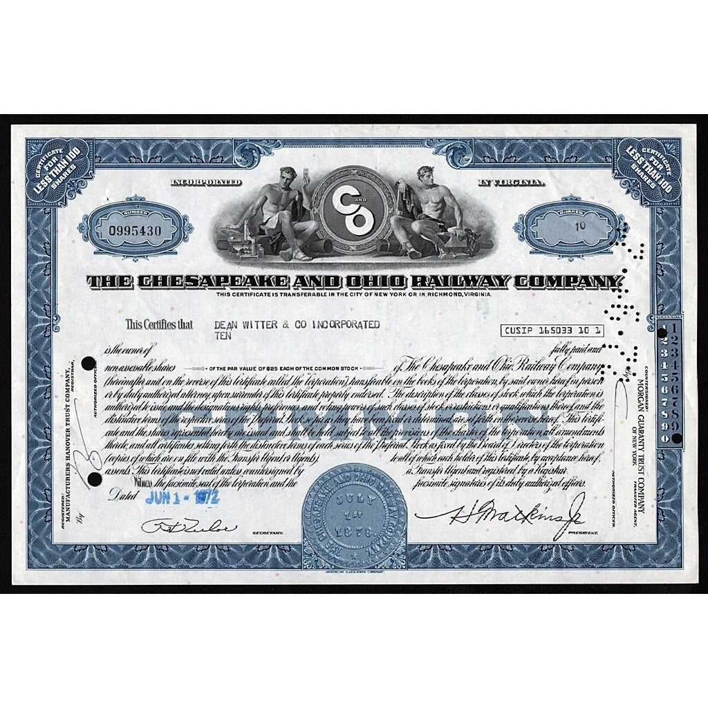 The Chesapeake and Ohio Railway Company Virginia Stock Certificate