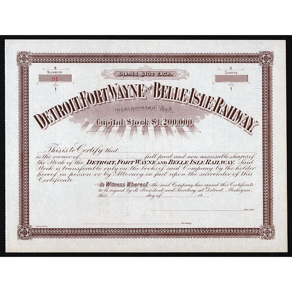 Detroit, Fort Wayne and Belle Isle Railway Michigan Stock Certificate