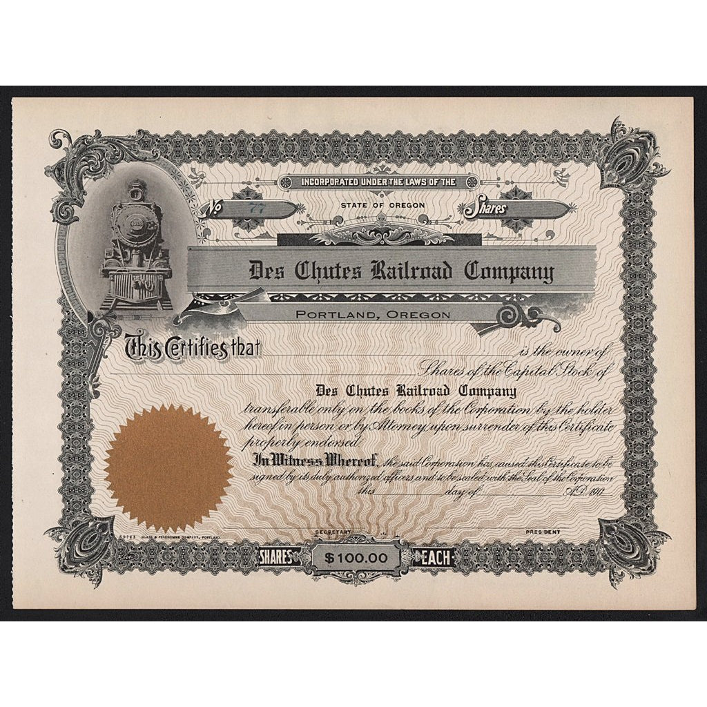 Des Chutes Railroad Company (Portland, Oregon) Stock Certificate