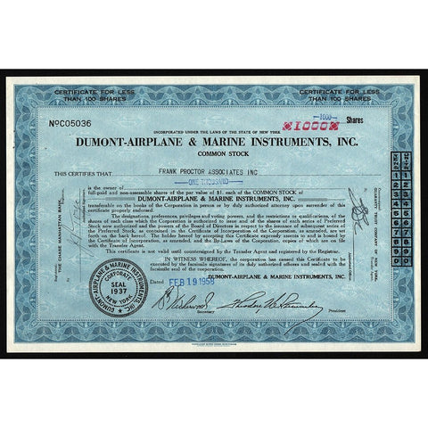 Dumont-Airplane & Marine Instruments, Inc. New York Stock Certificate