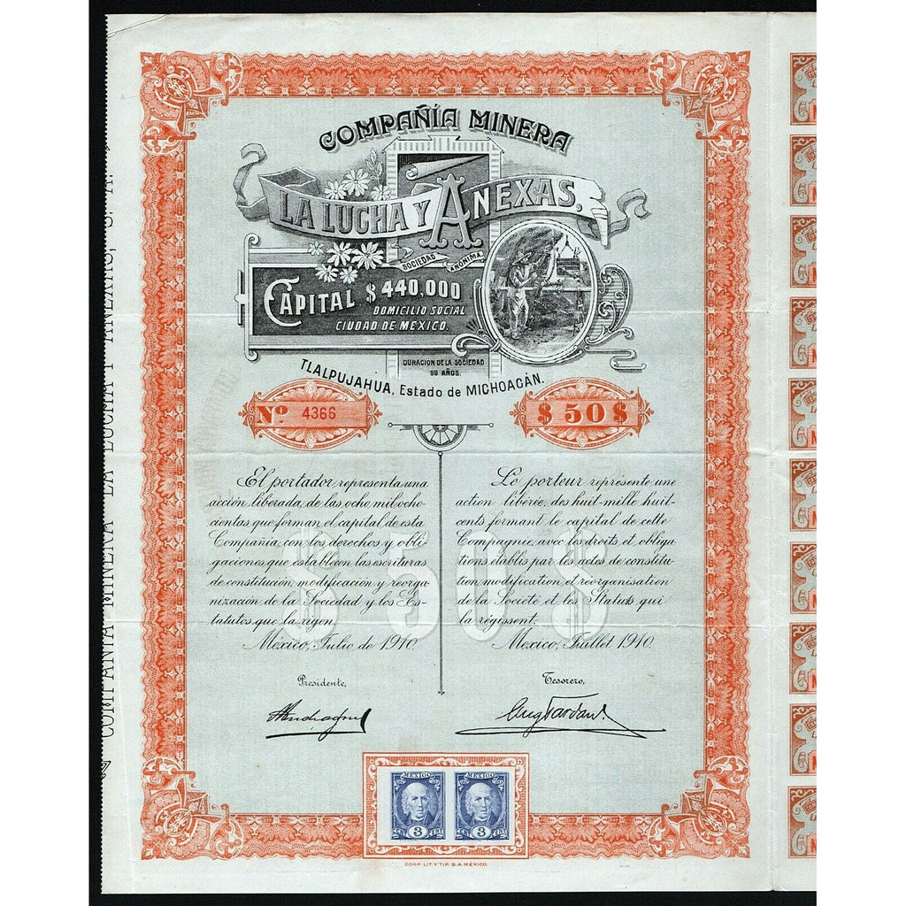 Compania Minera La Lucha Y Anexas 1910 Mexico Stock Bond Certificate