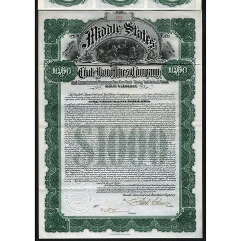 Middle States Coal and Iron Mines Company 1906 West Virginia Gold Bond Certificate