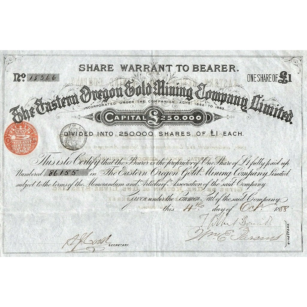 The Eastern Oregon Gold Mining Company, Limited 1888 Stock Certificate