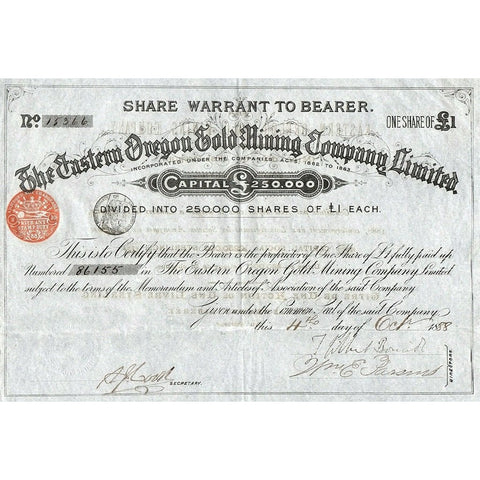 The Eastern Oregon Gold Mining Company, Limited 1888 Stock Certificate