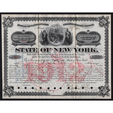 State of New York, Canal Improvement Loan Stock Bond Certificate