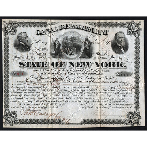State of New York, Canal Department Loan Stock Bond Certificate
