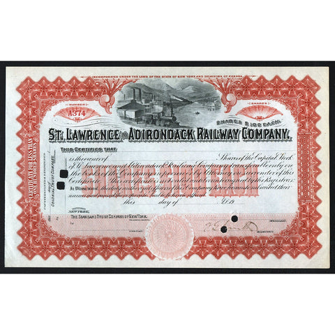 St. Lawrence and Adirondack Railway Company Stock Certificate